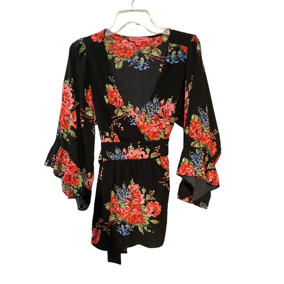 Betsey Johnson Tops - Betsey Johnson Floral Bell Sleeve Blouse Kimono Tie Waist Blouse Boho Large